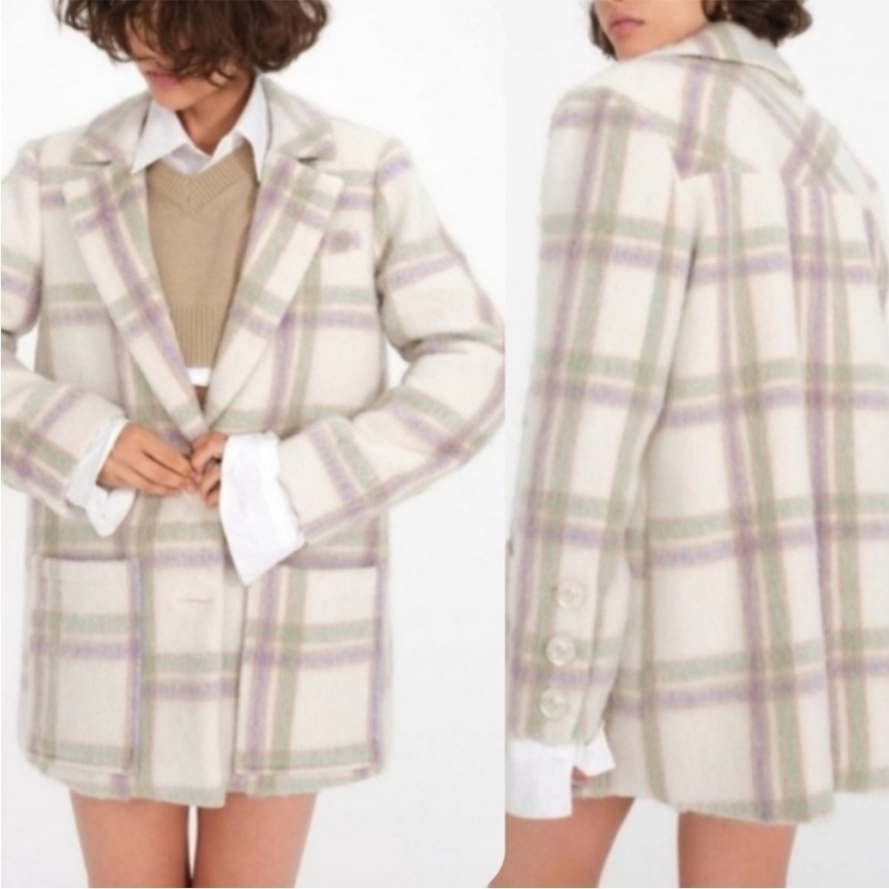 For Love And Lemons Size Large Cream Pastel Plaid Oversized Blazer Pea coat L